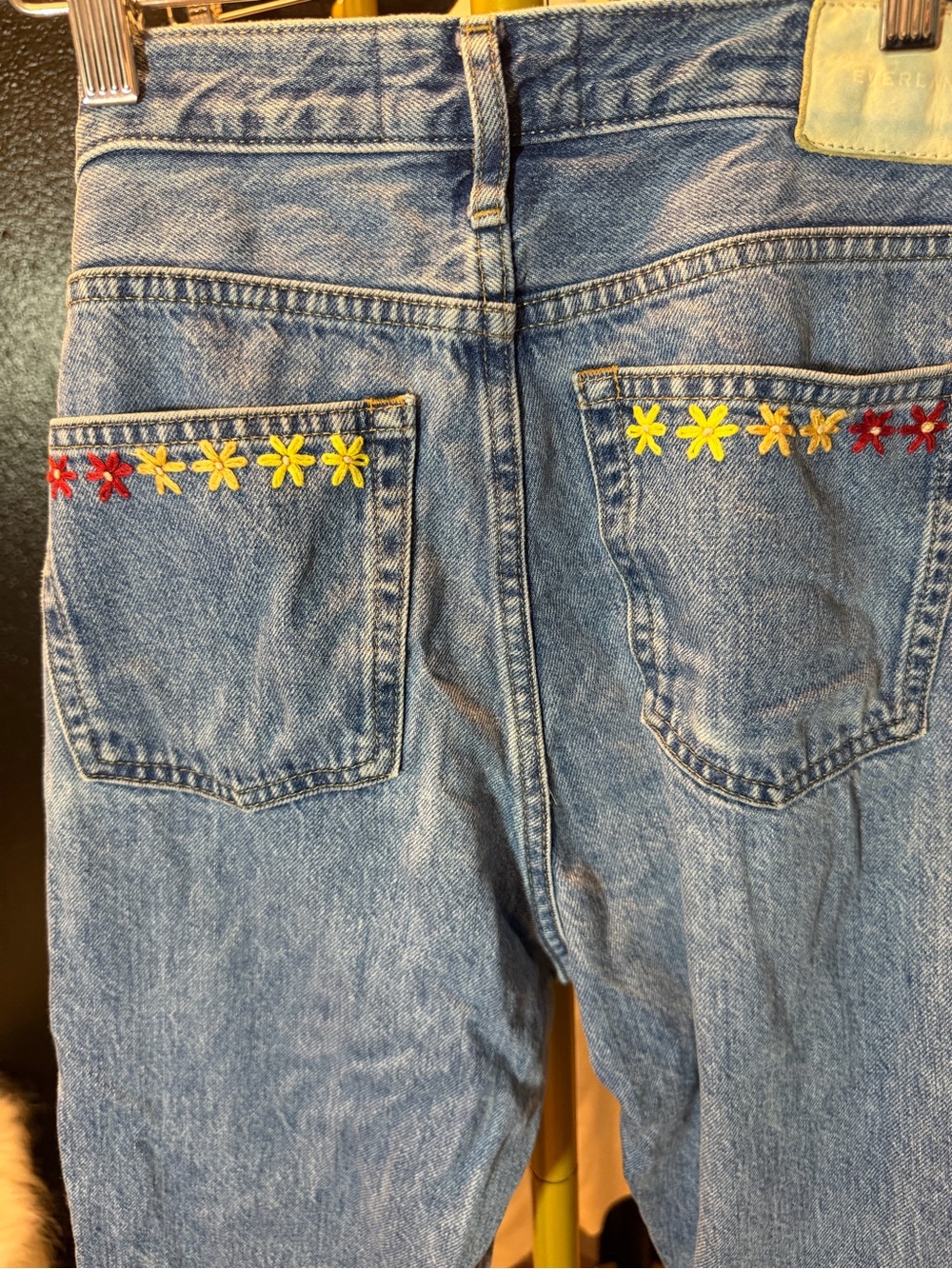 Everlane Blue Denim Jeans with Yellow & Red Embroidered Flowers